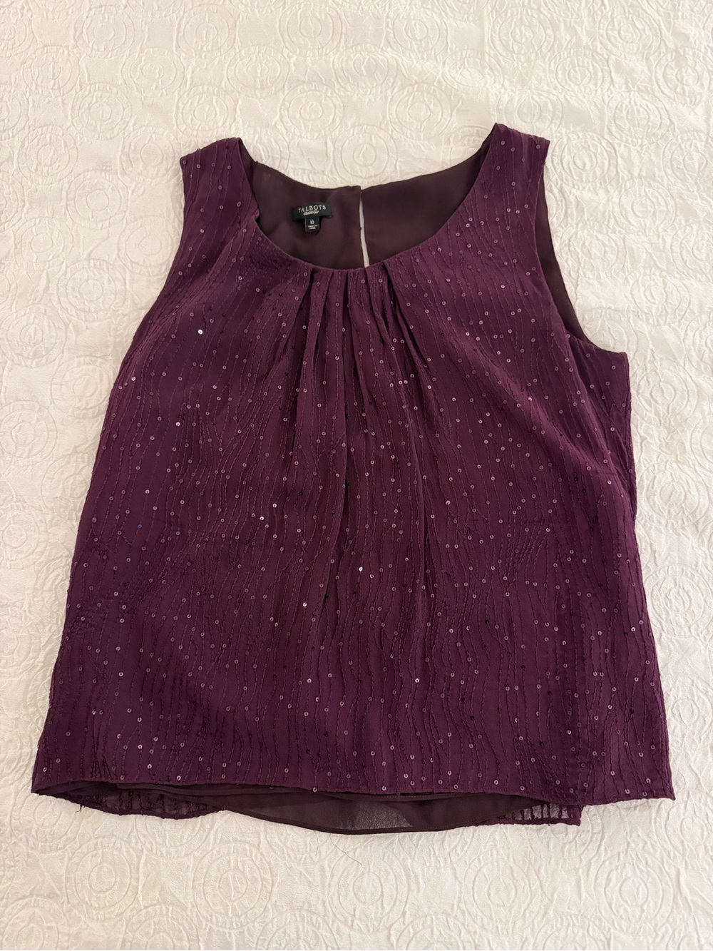 Purple Plum Sequin Sleeveless Blouse Size 10 Keyhole Back Pleated Party Top